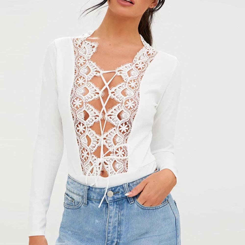 Women Sexy Slim Solid Hollow Out Lace Bandage Cross Up Long Sleeve Playsuit