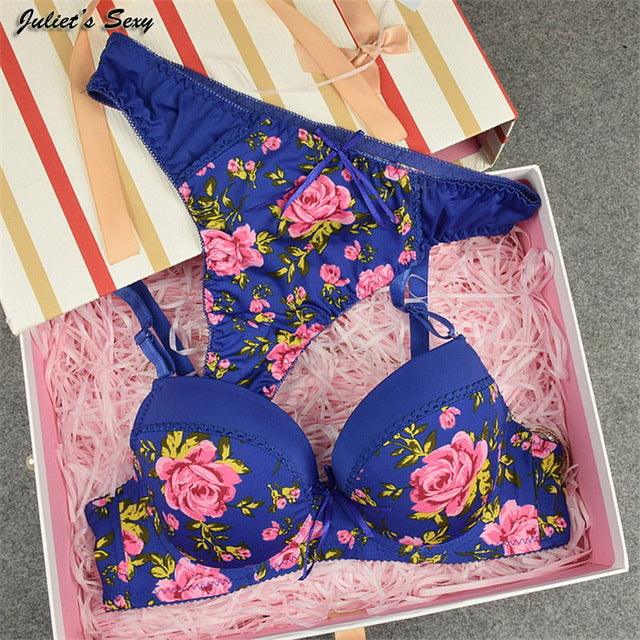 Women Sexy Seamless Floral printing women bra set lady brief sets thong underwear panty set