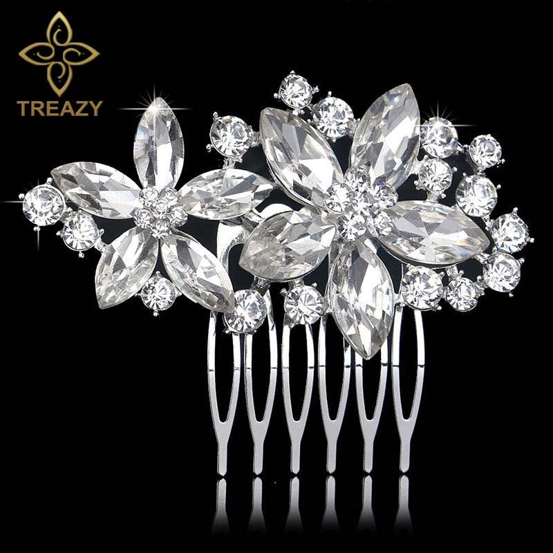 Pretty Flower Wedding Tiara Sparkling Silver Plated Austria Crystal Bridal Hair Combs Hairpins Jewelry Hair Accessories