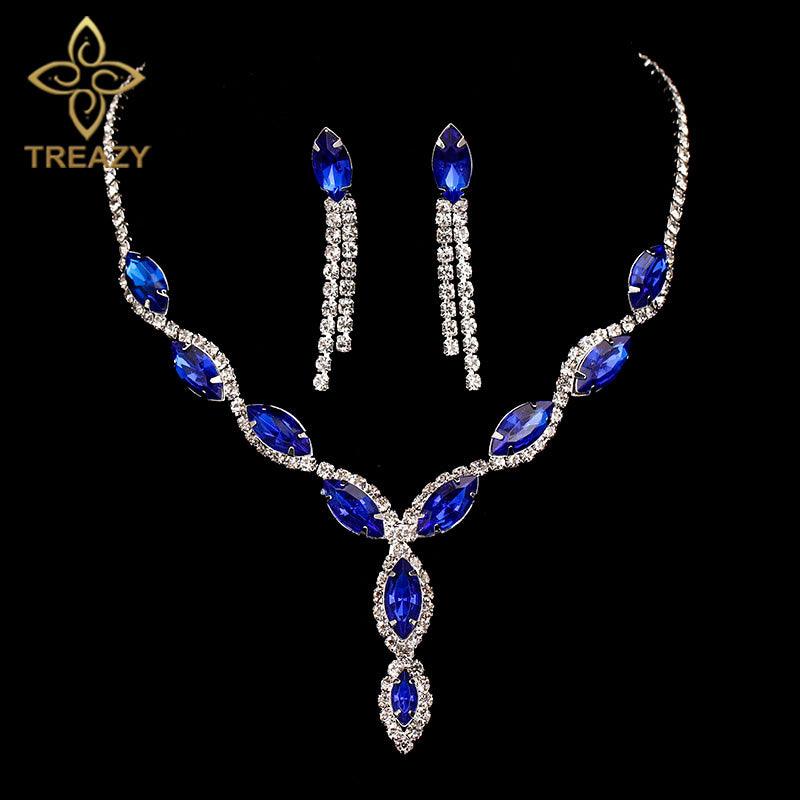 Fashion Leaf Tassel Wedding Jewelry Sets Royal Blue Crystal Choker Necklace Earrings Set Bridal Jewelry Sets for Women