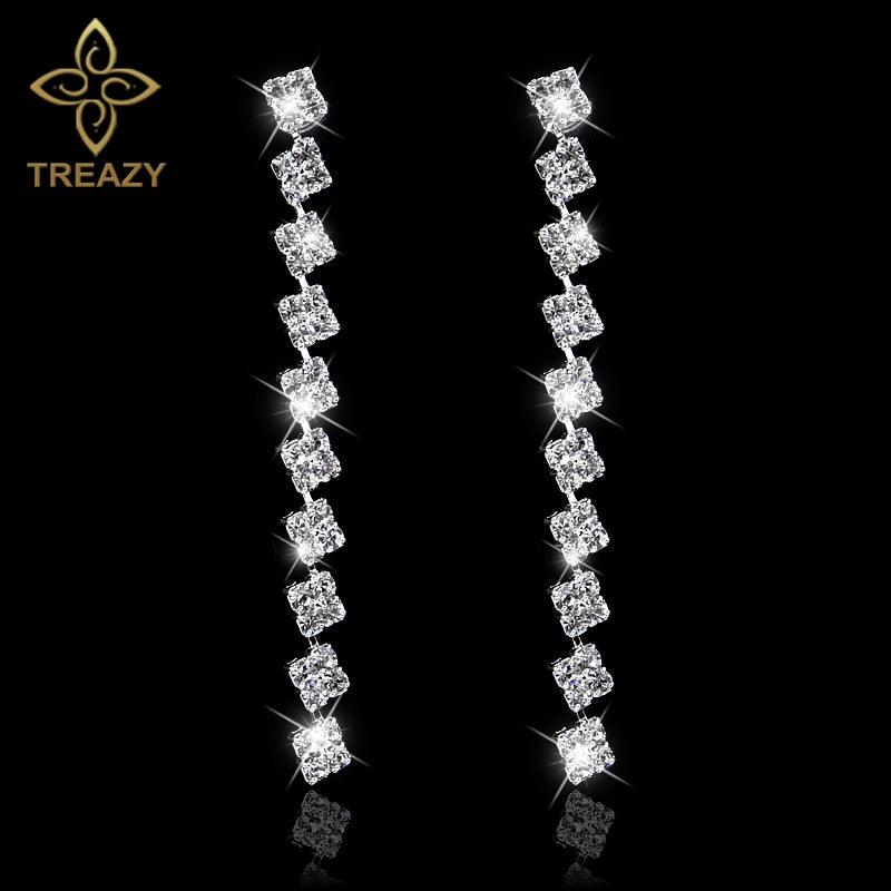 Squares Shape Bridal Long Earrings Diamante Silver Color Rhinestone Crystal Dangle Earrings For Women Wedding Accessories