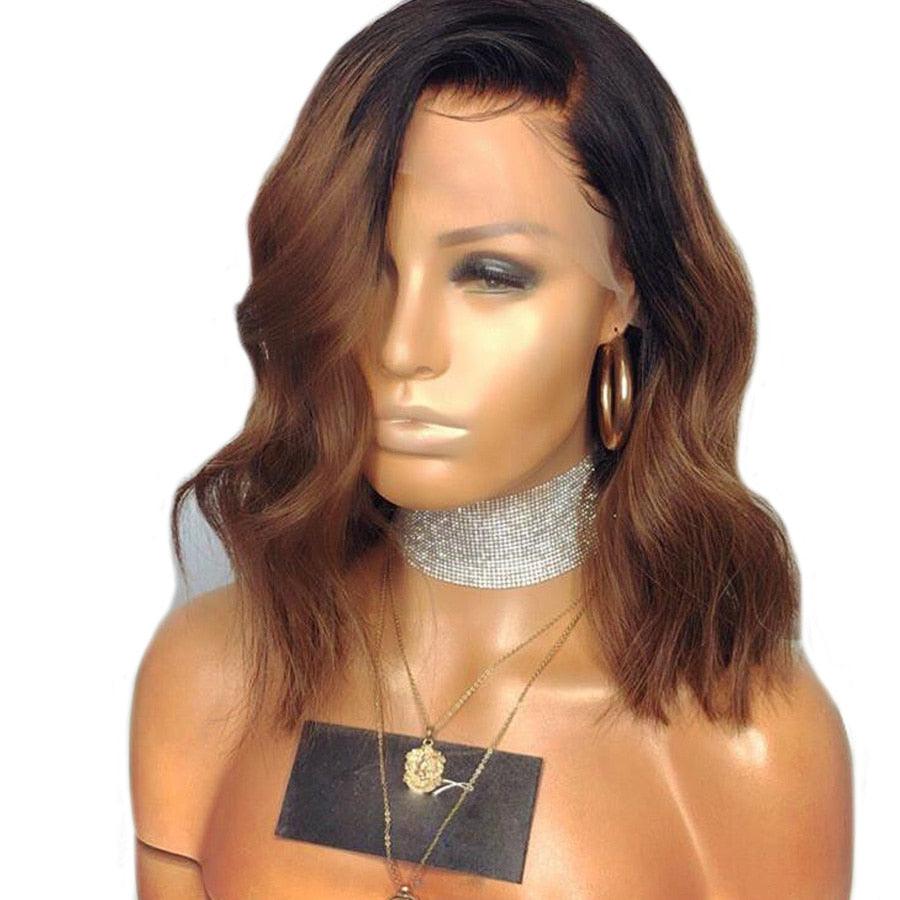 Short Ombre Human Hair Wigs Brazilian Lace Front Wig With Baby Hair Bleached Knots Remy Wavy Ombre Wig With Dark Roots