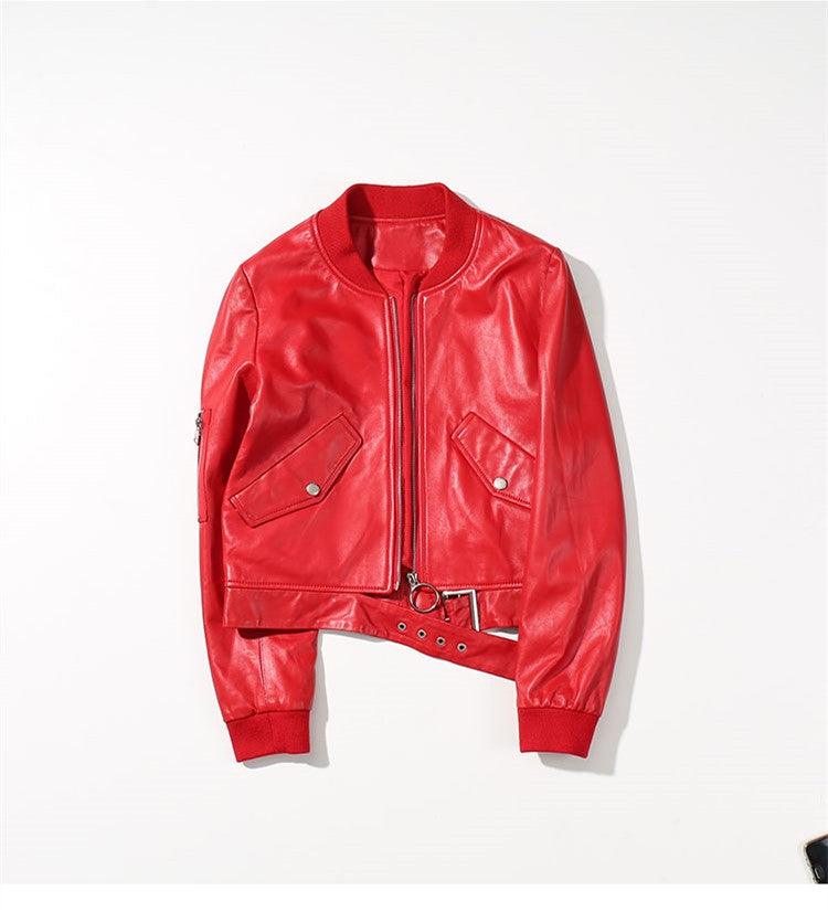 Genuine Leather Jacket Sheepskin Cropped Bomber Jacket Black Red for Women Female Jacket