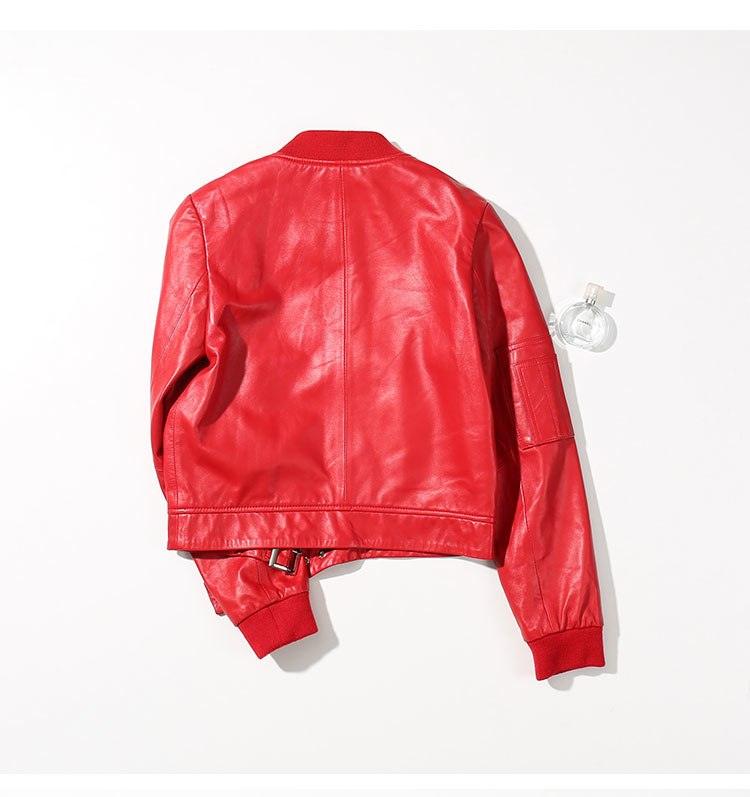 Genuine Leather Jacket Sheepskin Cropped Bomber Jacket Black Red for Women Female Jacket