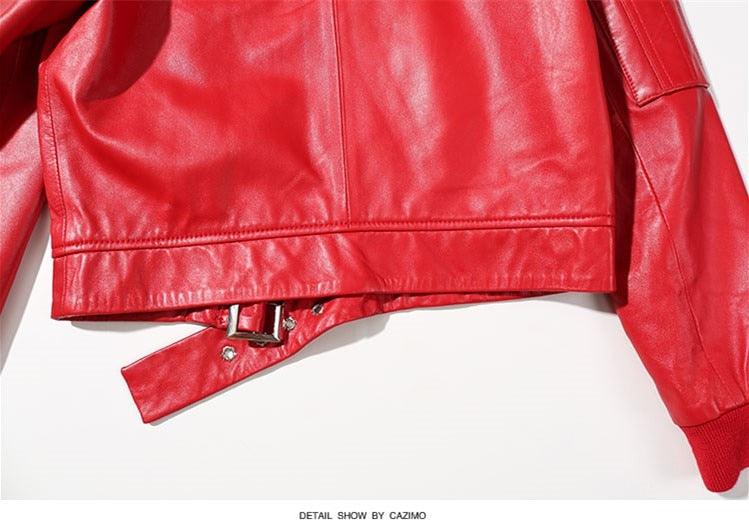 Genuine Leather Jacket Sheepskin Cropped Bomber Jacket Black Red for Women Female Jacket