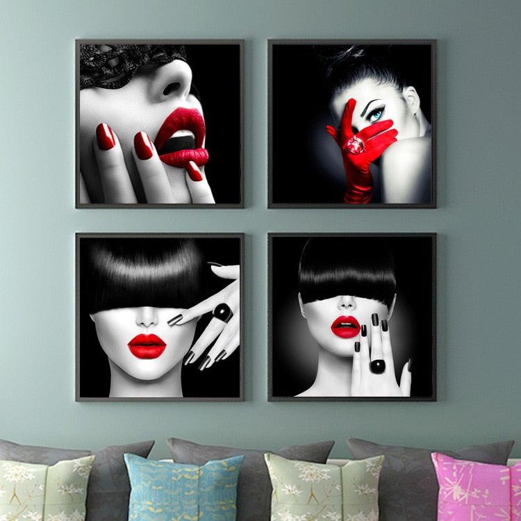 Beauty fashion Girl red lip Nails cool hairstyle art pictures Wall Poster Home Decoration HD Canvas painting