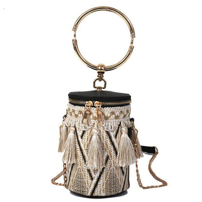 Women Cylindrical Straw Bag Mini Tassel Crossbody Bags Chain Woven Metal Ring Handle Small Shoulder Tote Handbag