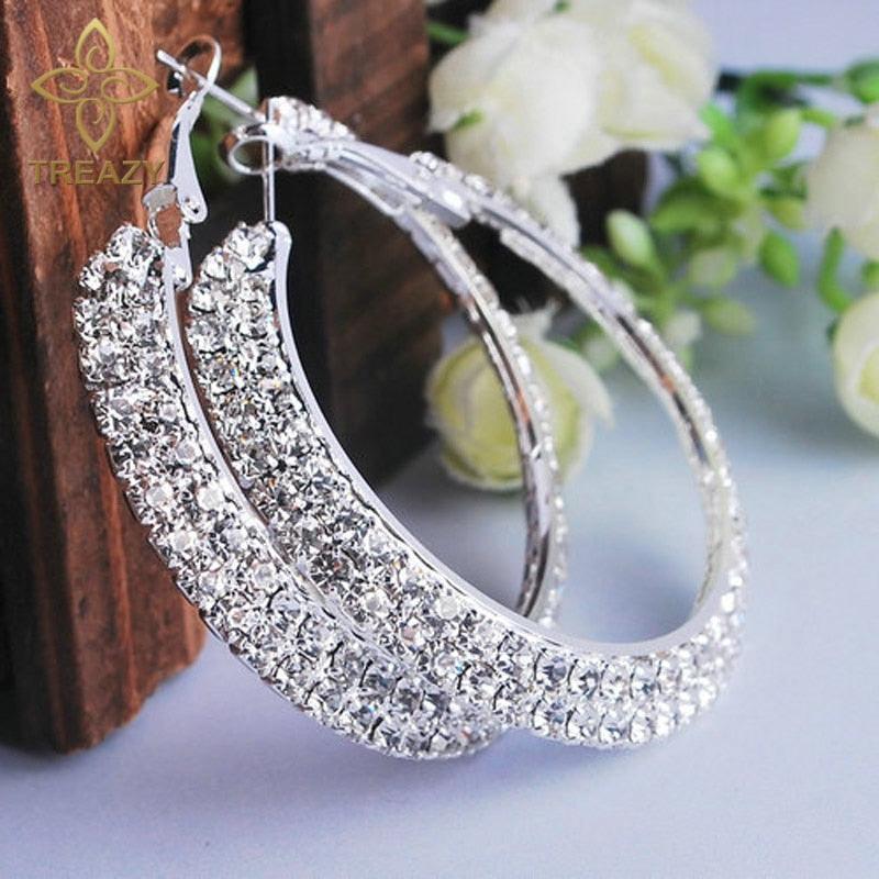 Fashion Women Jewelry Silver Plated 40MM 2Rows Diamante Rhinestone Crystal Earrings Round Hoop Earrings Wedding Jewelry