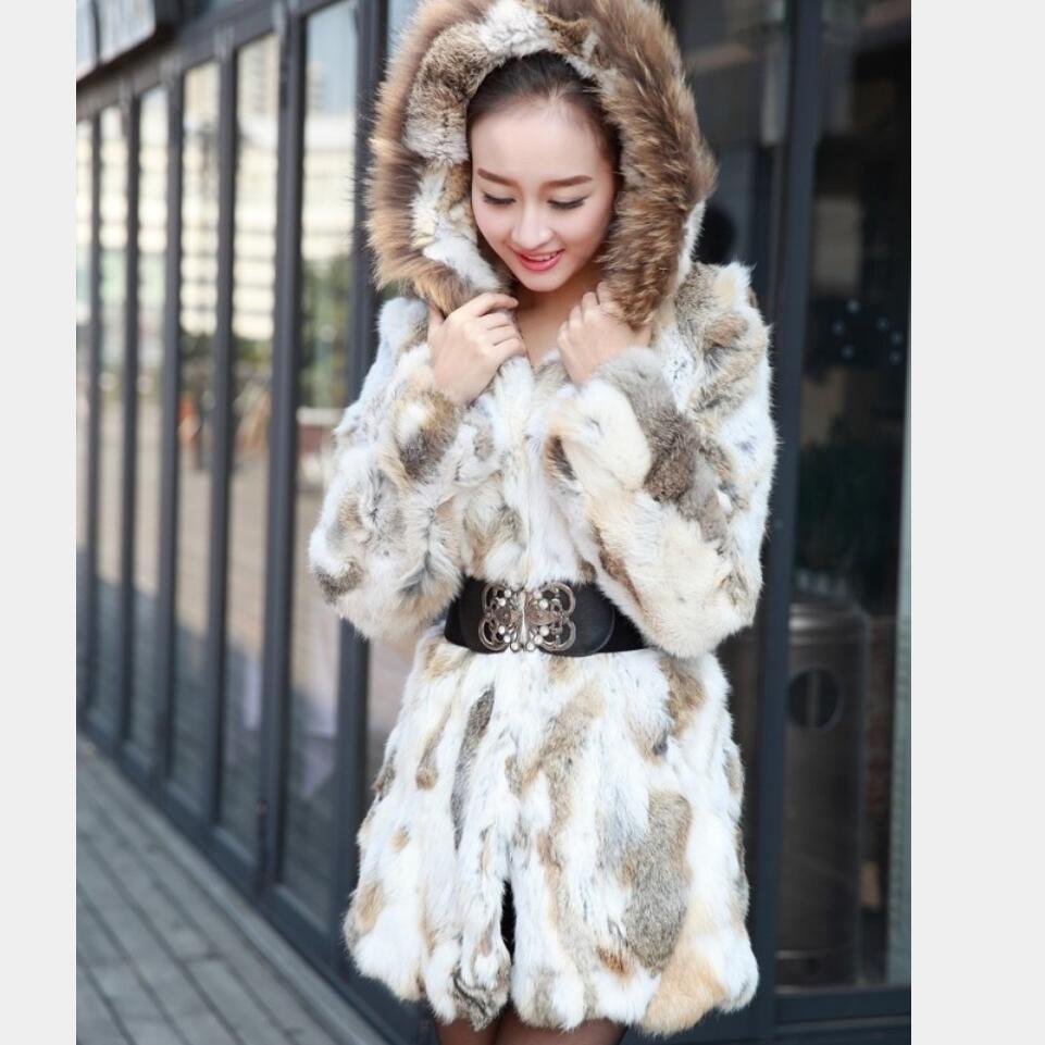 Genuine Rabbit Fur Coat with Hood Raccoon Fur Rabbit Fur Jacket Plus Sizes Women Winter Rabbit Fur Waistcoat