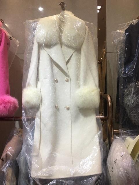 Women natural sheep fur long coat with real fox fur collar cuff winter outerwear fashion femme genuine furs