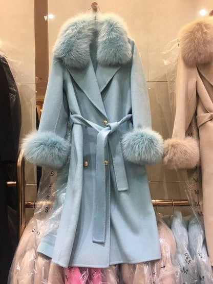 Women natural sheep fur long coat with real fox fur collar cuff winter outerwear fashion femme genuine furs