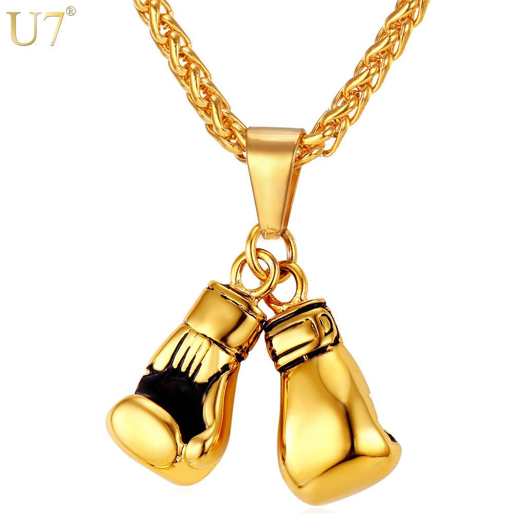 Men Necklace Gold Color Stainless Steel Hip Hop Chain Pair Boxing Glove Pendant Charm Fashion Sport Fitness Jewelry