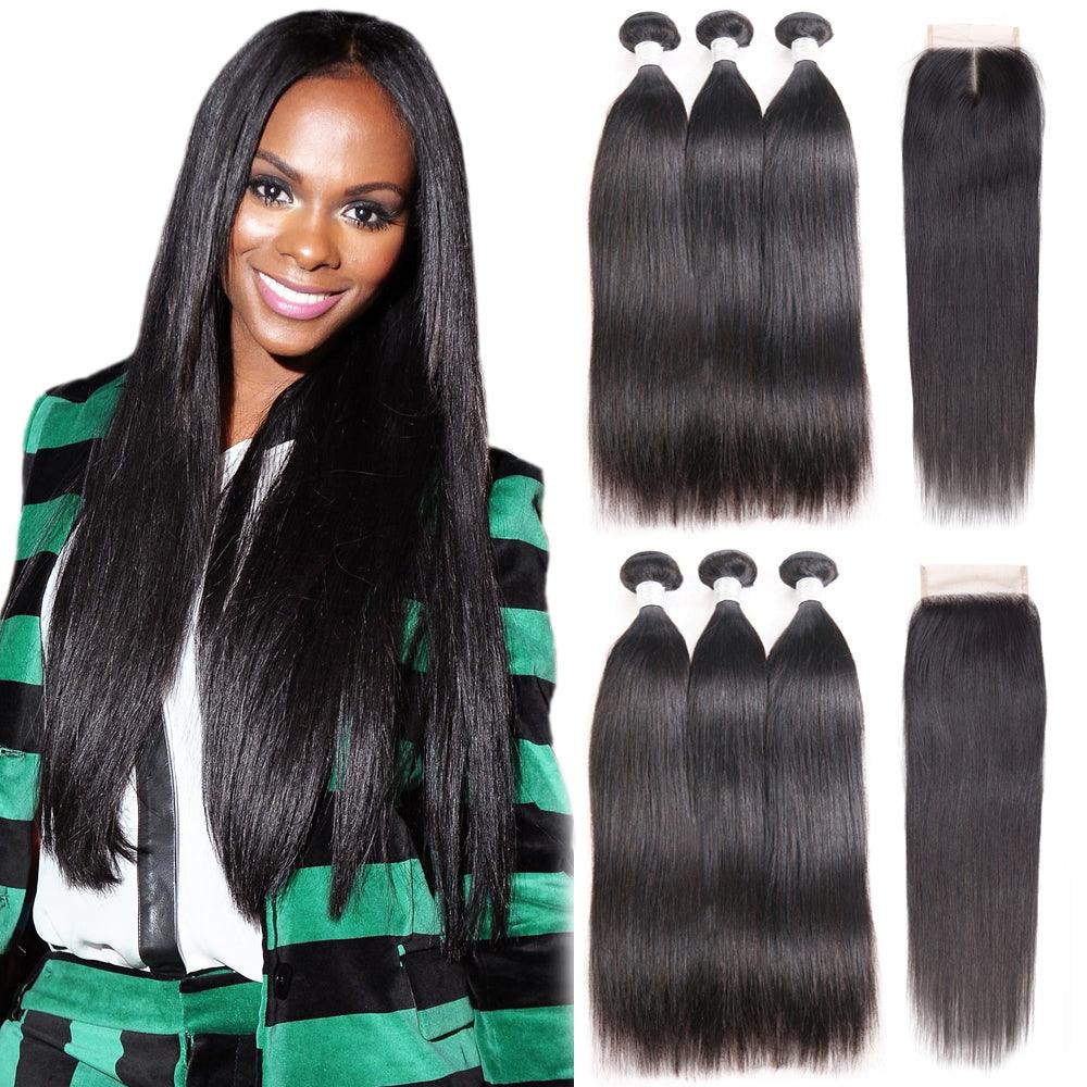 Make Your Hair Dreams a Reality with T-BOO Straight Indian Virgin Hair Bundle - 3PCS with Closure!