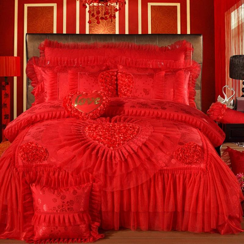 Luxury Red /Pink Lace Wedding Bedding set King Queen Size Bed set Bedspread bed sheet set Decoration Duvet cover juego de cama