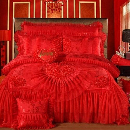 Luxury Red /Pink Lace Wedding Bedding set King Queen Size Bed set Bedspread bed sheet set Decoration Duvet cover juego de cama