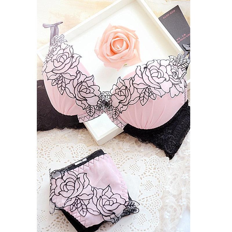 Women Sexy Embroidery deep V-neck adjustable push up lace bra underwear set