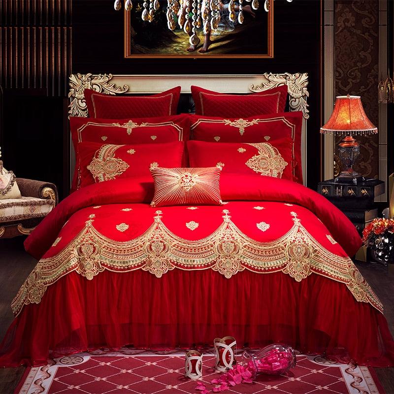 New red lace bedding set Golden embroidery luxury wedding bed set quilt cover bedpread queen King size 4/6/9 pcs