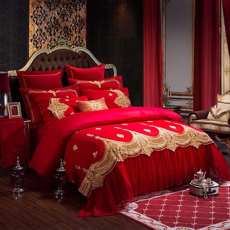 New red lace bedding set Golden embroidery luxury wedding bed set quilt cover bedpread queen King size 4/6/9 pcs