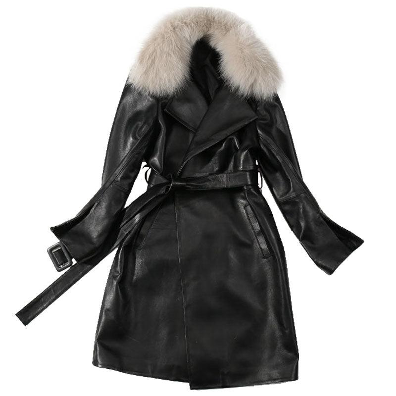 Trench Coat Women Plus Size Long Coats Ladies Genuine Leather Jacket Detachable Fox Collar Winter 2020 Black Trench Coats