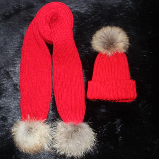 Ladies Luxury Scarf and Hat Set Crochet Hats and scarves with Real fur pom Beanie Hat for Women