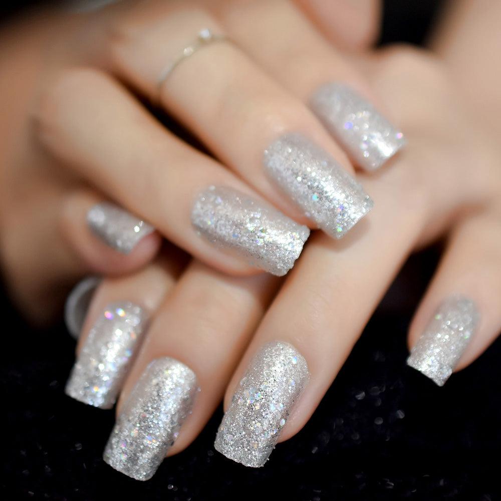 Transparent Acrylic Artificial Nails Silver Glitter Pre-designed Finger Fake Nails with Adhesive Tapes 24