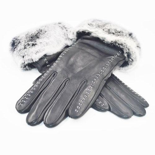 Real Rex Rabbit fur Leather Gloves Women Black Sheepskin Genuine Leather Gloves Winter Warm Soft Sheepskin Leather Gloves