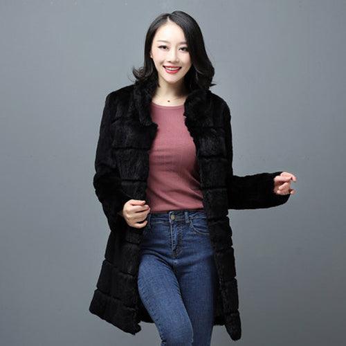 Women Real Rex Rabbit Fur Jacket Long Style Mandarin Collar WinterOvercoat