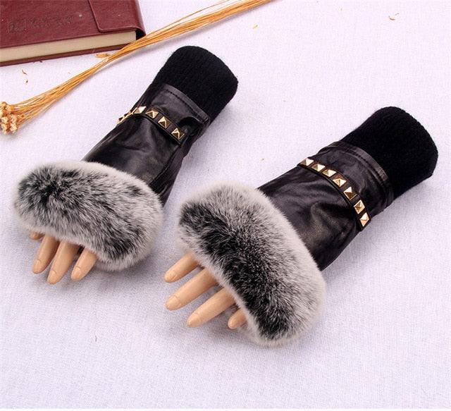 Women's Fingerless Gloves Genuine Leather Rabbit fur mittens gloves