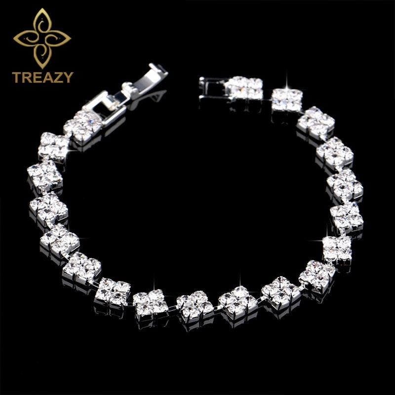 Women Sparkling Silver Plated Crystal Bracelets Ladies  Shiny Squares Bracelets &amp; Bangles Bridal Wedding Accessories Jewelry