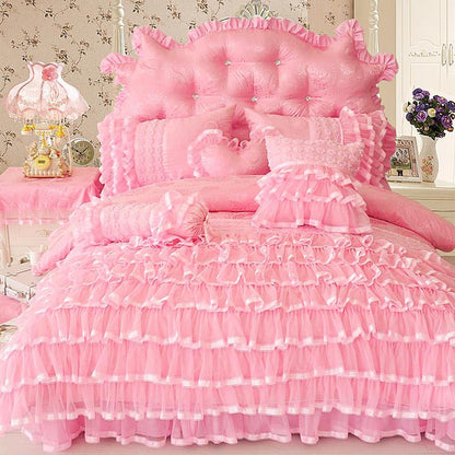 Twin Queen King size Princess style Bedding set Pink Cream  Luxury Bed cover Bedskirt Duvet cover Bed sheets set parure de lit