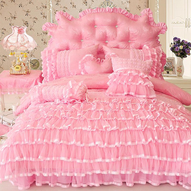 Twin Queen King size Princess style Bedding set Pink Cream Luxury Bed cover Bedskirt Duvet cover Bed sheets set parure de lit