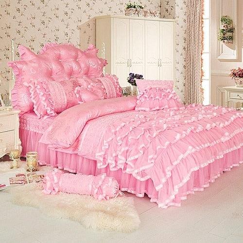 Twin Queen King size Princess style Bedding set Pink Cream  Luxury Bed cover Bedskirt Duvet cover Bed sheets set parure de lit