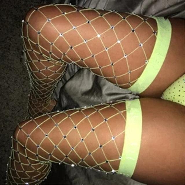 Sexy Rhinestone Crystal Fishnet Stockings Stay Up Women Thigh High Sparkle Mesh Stocking