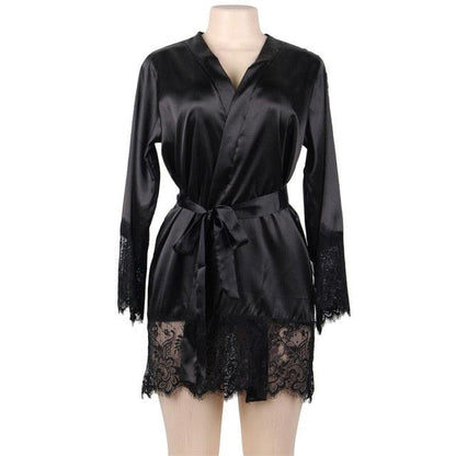 Women Long Sleeve Satin Silk Robes Plus Size Lace Robe Lingerie Solid Lace Trim Dressing Gown