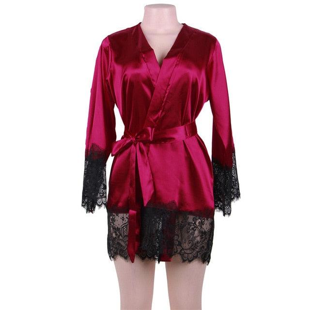 Women Long Sleeve Satin Silk Robes Plus Size Lace Robe Lingerie Solid Lace Trim Dressing Gown