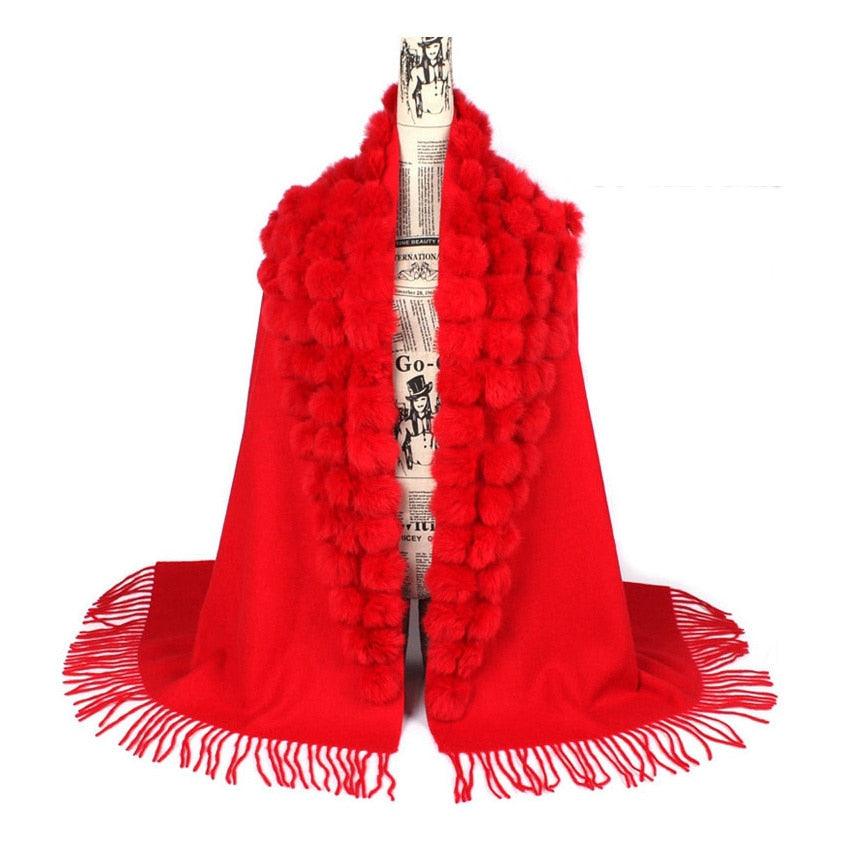 Genuine sheep fur shawl winter scarf genuine rabbit fur with pompom thick long luxury wrap cape
