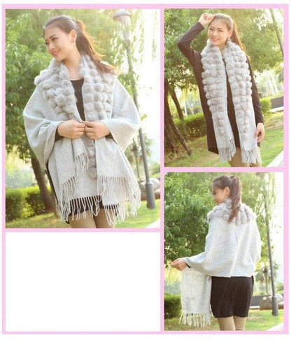 Genuine sheep fur shawl winter scarf  genuine rabbit fur with pompom thick long luxury wrap cape