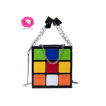 Women Mini Rubik Cube Design Purse  Small Square Handbag With Metal Leather Chain Crossbody Bag