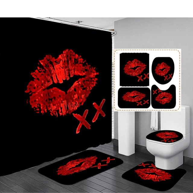 Bathroom Curtain Set Red Lips Pink High Heel Bath Mat Sets Shower Curtains with Hooks Black Non-Slip Pedestal Rug Toilet Cover