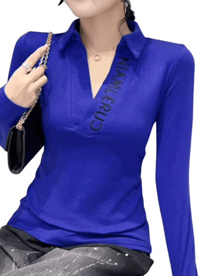 New Cotton V-Neck Long Sleeves T-shirt  Letter Embroidery Slim Fit Thin Bottoming Shirts Tees