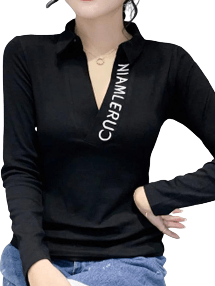New Cotton V-Neck Long Sleeves T-shirt Letter Embroidery Slim Fit Thin Bottoming Shirts Tees